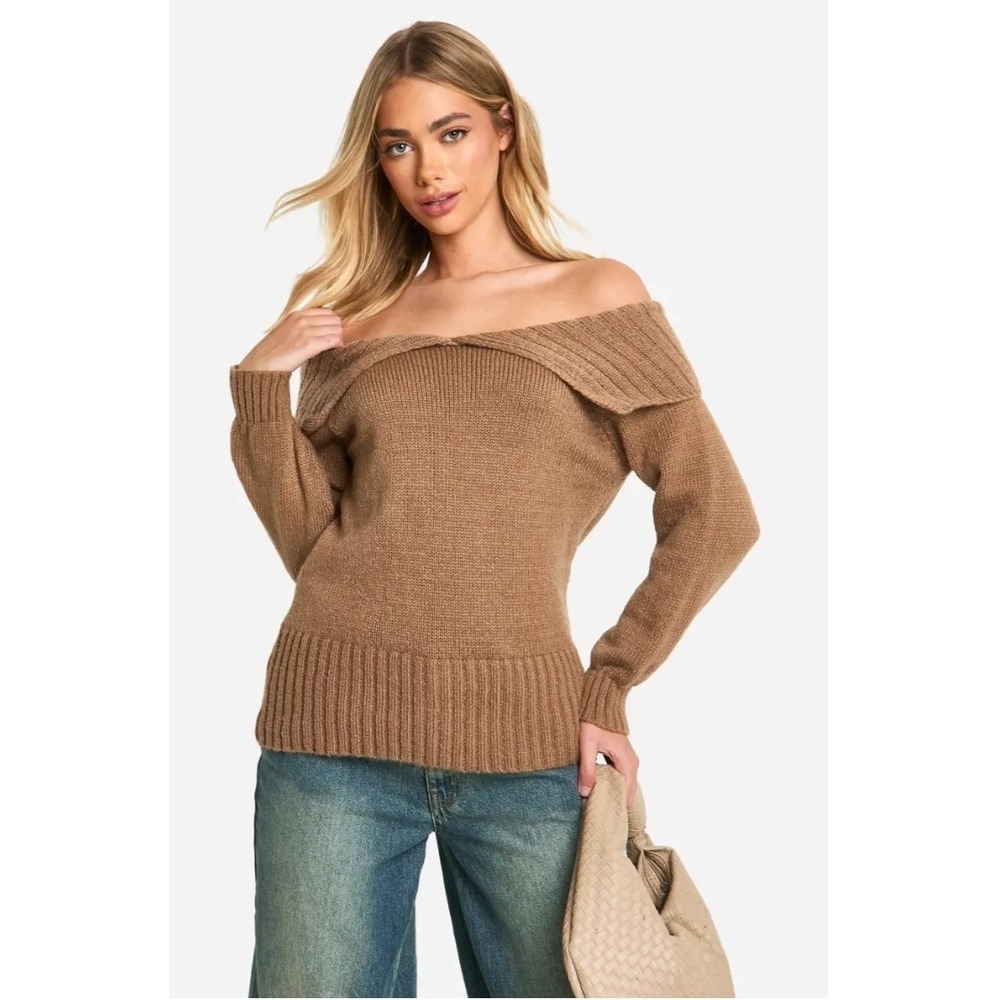 Boohoo Sz 8 Knit Acrylic Bardot Style Sweater in Mocha NWT